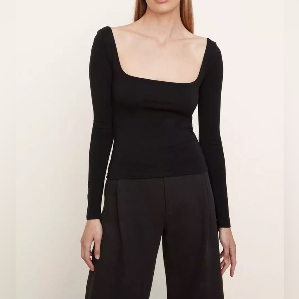 🆕 NWT VINCE - Pima Cotton Square Neck Long Sleeve Top | Black Minimalist Luxury